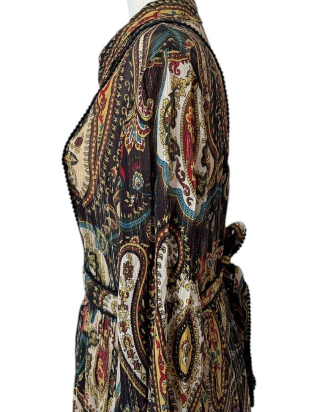 Paisley Print Maxi Dress Black Gold Teal Tiered Long Sleeve Collared Boho Belt - Picture 4 of 7